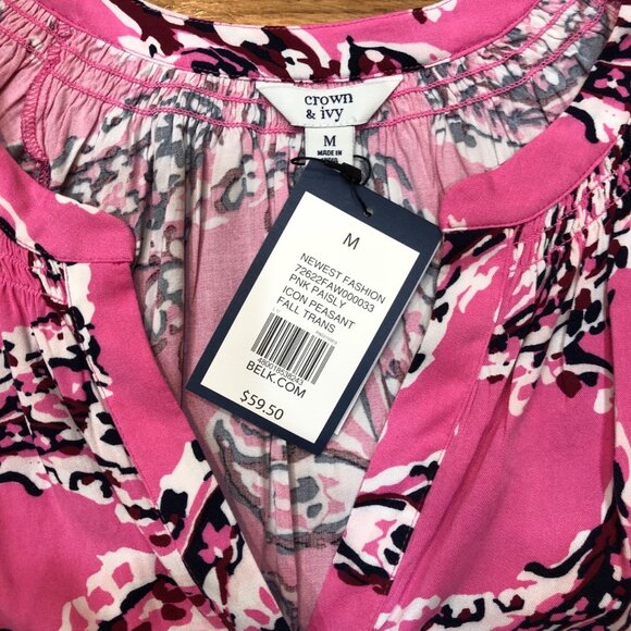 NWT Crown & Ivy Pink Paisly 3/4 Sleeve Peasant Blouse Size M - Picture 10 of 11